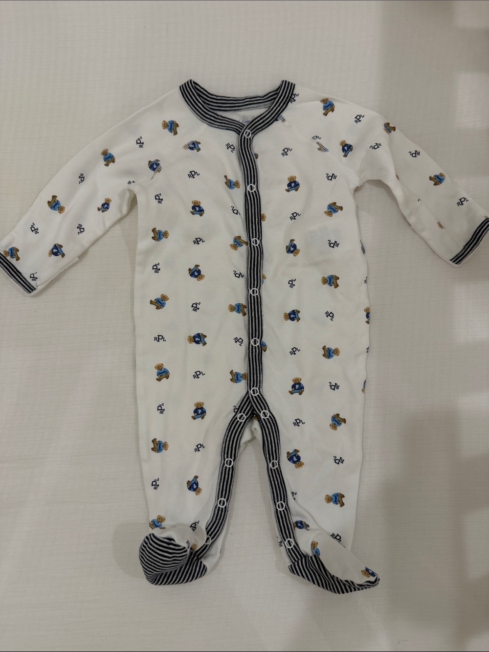 Ralph Lauren Polo White Baby One-Piece Footed Sleeper with Navy Trim